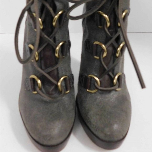 Tory Burch Lawson Bootie Pewter Brown‎ Leather Platform Stiletto Ankle Boots 7 M - Picture 3 of 7
